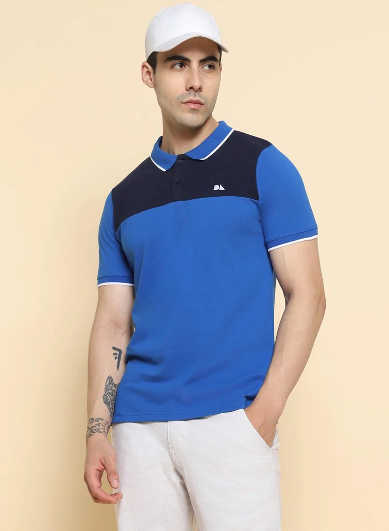 دينيس لينغو Navy Colourblocked Regular Fit Polo Neck T-shirt for Men - 100% Cotton, Half Sleeves, Casual