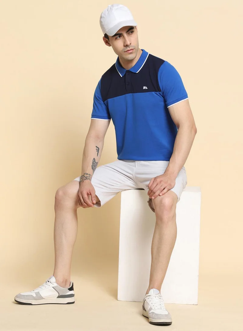 دينيس لينغو Navy Colourblocked Regular Fit Polo Neck T-shirt for Men - 100% Cotton, Half Sleeves, Casual
