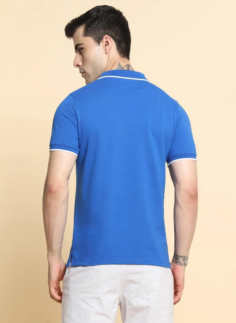 دينيس لينغو Navy Colourblocked Regular Fit Polo Neck T-shirt for Men - 100% Cotton, Half Sleeves, Casual