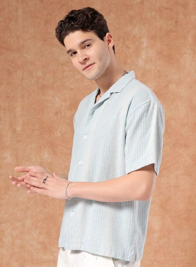 Men Relaxed Fit Striped Half Sleeves Cuban Collar Resort Wear Shirt