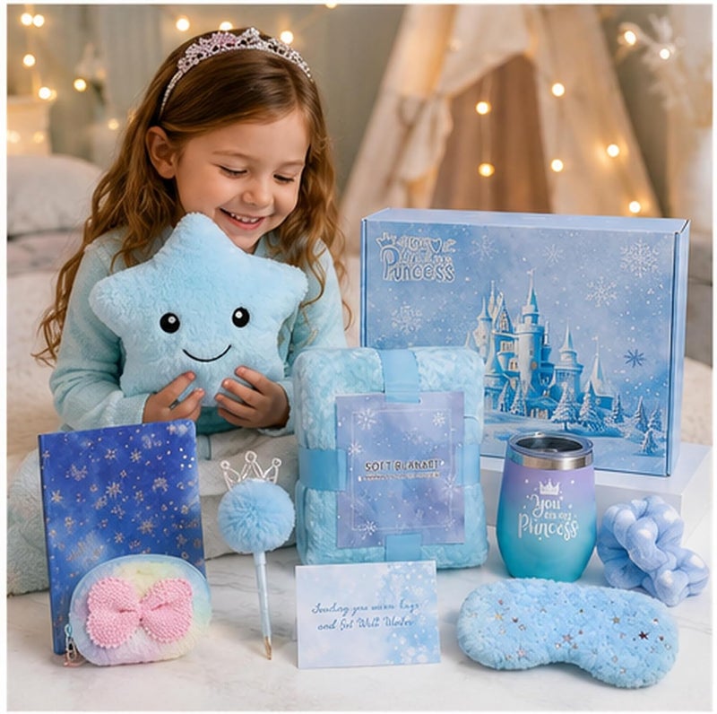 SHAHNARO Unicorn Toys for Girls Age 6–10 | Star Gift Box Set for Girls | Birthday Gifts for Girl | Baby Gift Set with Blue Blanket, Eye Mask, Notebook, and Tumbler (Blue) - Image 2