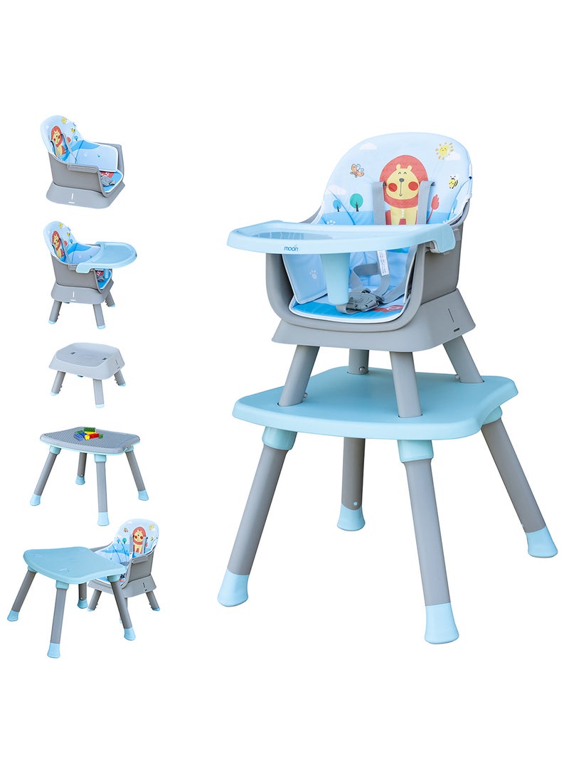 Moon 6 In 1 High ChairDining Booster Seat,Dining Chair, Study Desk, Block Toy Table, Baby Feeding Chair, Removable Tray- Blue - Image 1