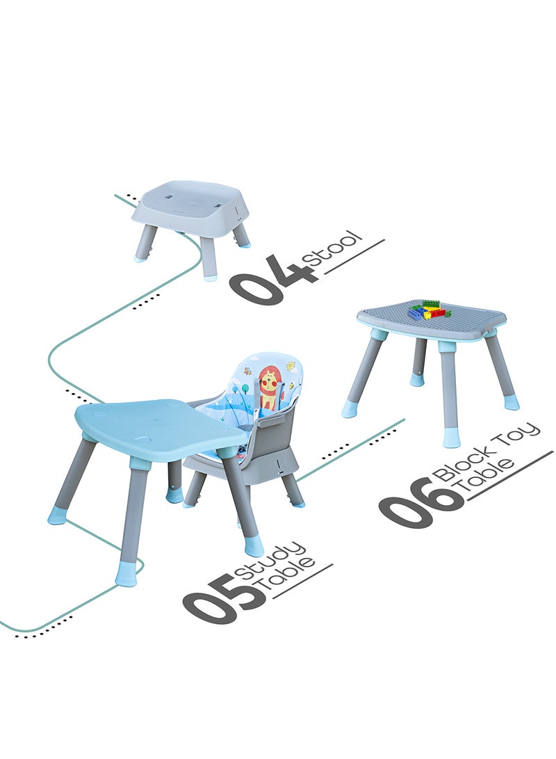Moon 6 In 1 High ChairDining Booster Seat,Dining Chair, Study Desk, Block Toy Table, Baby Feeding Chair, Removable Tray- Blue - Image 3