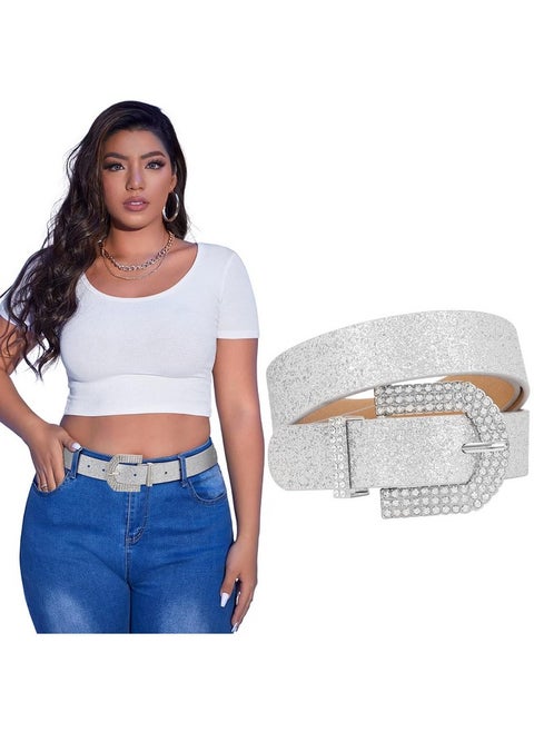 Women Rhinestone Buckle Belt Bling Fashion Girls Soft Faux Leather Belt For Jeans Pant Dress Sweater