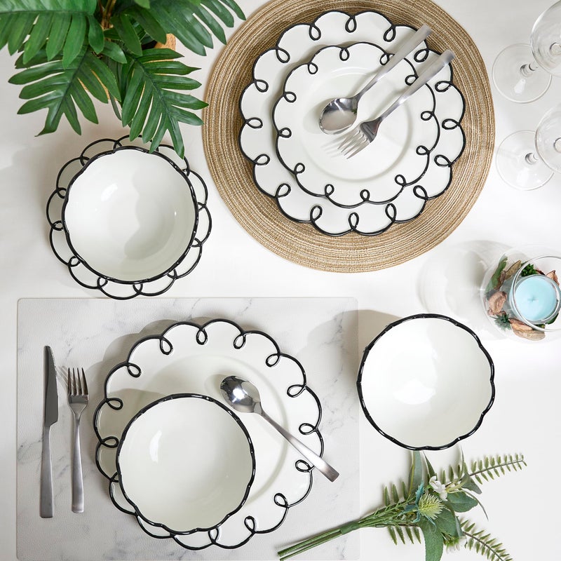 Sango 12-Piece Earthenware Dinnerware Set for 4, Glossy White Plates and Bowls Sets with Black Scalloped Rims, Premium Dish Set, Dishes for Hosting Parties, Birthday & Wedding Gifts, Splash of Cheers - Image 5