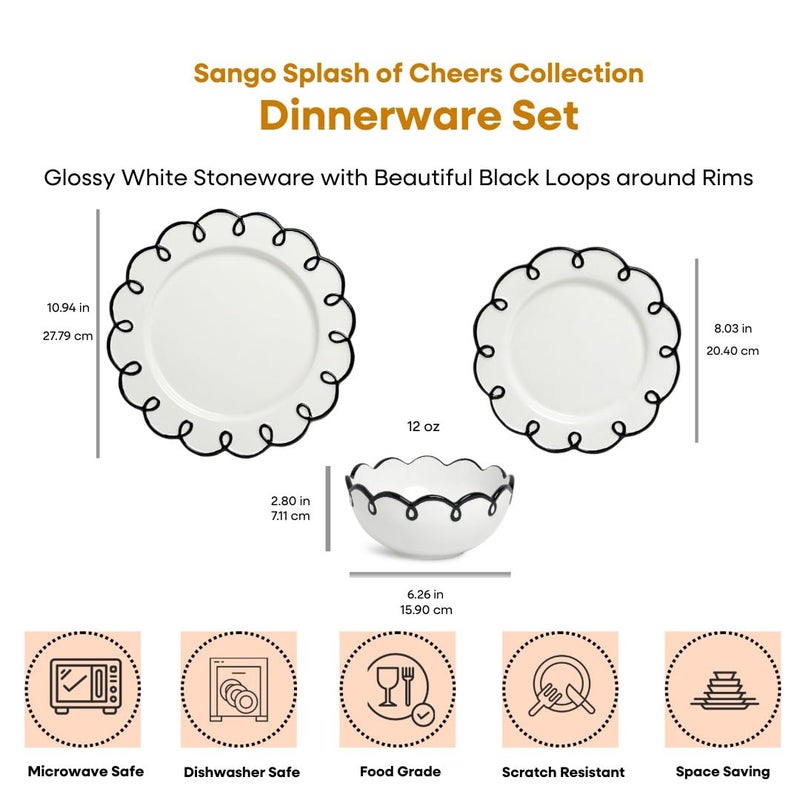 Sango 12-Piece Earthenware Dinnerware Set for 4, Glossy White Plates and Bowls Sets with Black Scalloped Rims, Premium Dish Set, Dishes for Hosting Parties, Birthday & Wedding Gifts, Splash of Cheers - Image 2