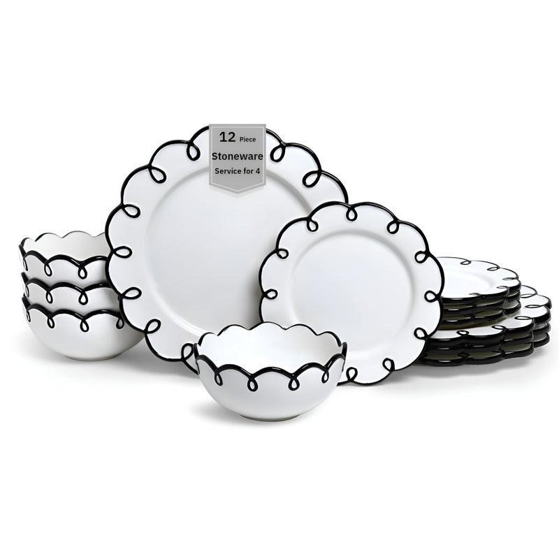 Sango 12-Piece Earthenware Dinnerware Set for 4, Glossy White Plates and Bowls Sets with Black Scalloped Rims, Premium Dish Set, Dishes for Hosting Parties, Birthday & Wedding Gifts, Splash of Cheers - Image 1