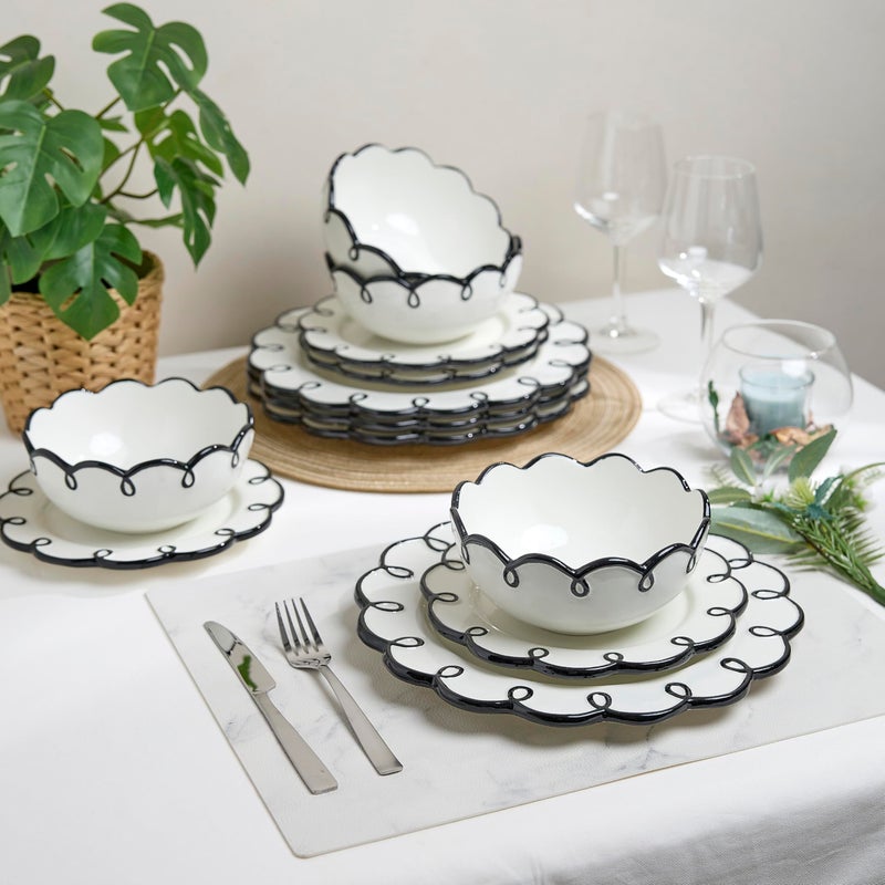 Sango 12-Piece Earthenware Dinnerware Set for 4, Glossy White Plates and Bowls Sets with Black Scalloped Rims, Premium Dish Set, Dishes for Hosting Parties, Birthday & Wedding Gifts, Splash of Cheers - Image 3
