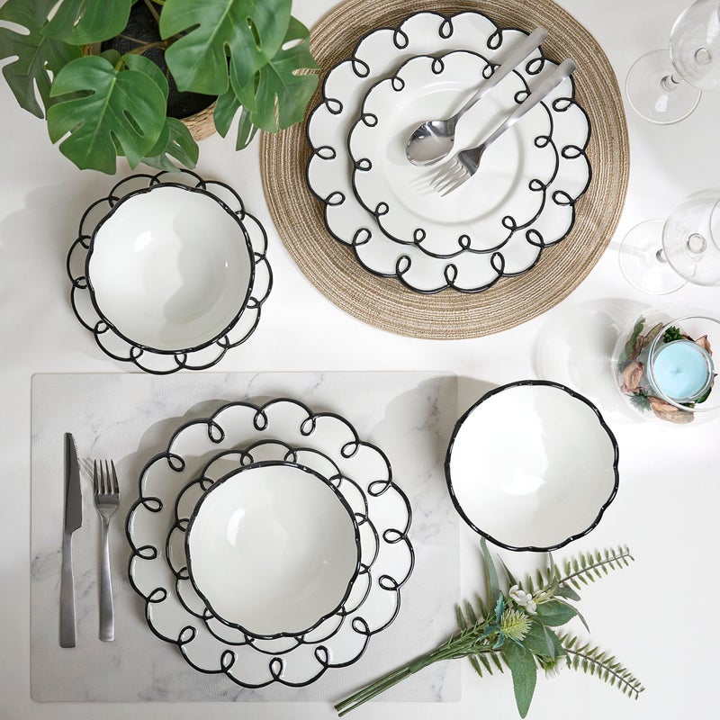Sango 12-Piece Earthenware Dinnerware Set for 4, Glossy White Plates and Bowls Sets with Black Scalloped Rims, Premium Dish Set, Dishes for Hosting Parties, Birthday & Wedding Gifts, Splash of Cheers - Image 4