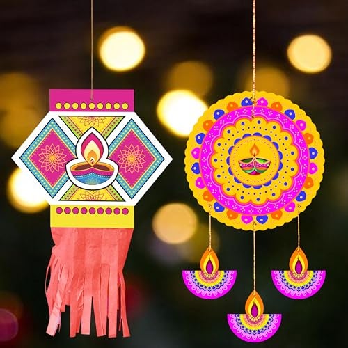 TOYXE Happy Diwali Hanging Decoration Set of 15 | Dual Paper Kandeel Lanterns & Round Rangoli Danglers | Ceiling Wall Décor for Home Office Shop Temple Party Festival Decoration - Image 1