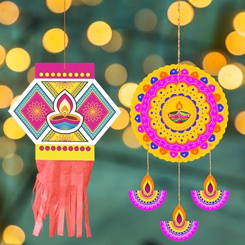 TOYXE Happy Diwali Hanging Decoration Set of 15 | Dual Paper Kandeel Lanterns & Round Rangoli Danglers | Ceiling Wall Décor for Home Office Shop Temple Party Festival Decoration - Image 5