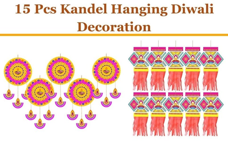 TOYXE Happy Diwali Hanging Decoration Set of 15 | Dual Paper Kandeel Lanterns & Round Rangoli Danglers | Ceiling Wall Décor for Home Office Shop Temple Party Festival Decoration - Image 4