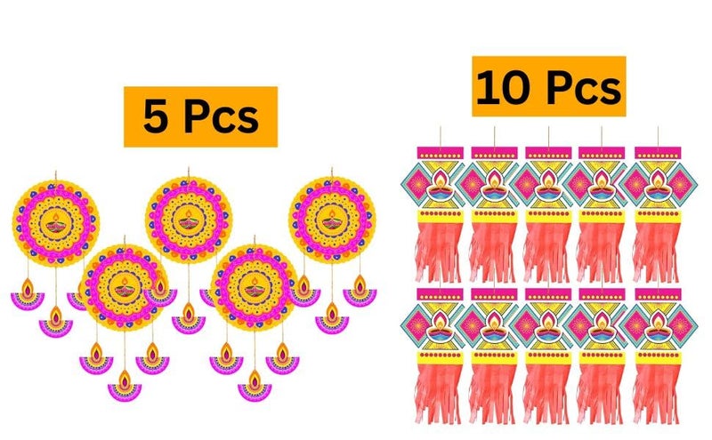 TOYXE Happy Diwali Hanging Decoration Set of 15 | Dual Paper Kandeel Lanterns & Round Rangoli Danglers | Ceiling Wall Décor for Home Office Shop Temple Party Festival Decoration - Image 3