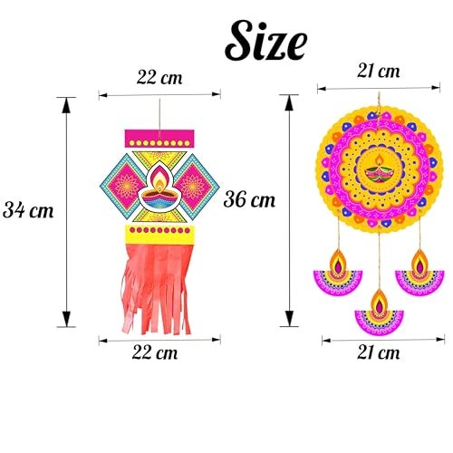 TOYXE Happy Diwali Hanging Decoration Set of 15 | Dual Paper Kandeel Lanterns & Round Rangoli Danglers | Ceiling Wall Décor for Home Office Shop Temple Party Festival Decoration - Image 2