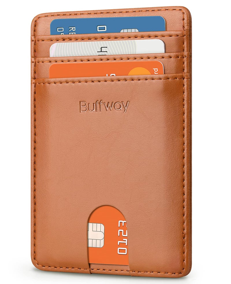 Buffway Mens Slim Wallet, Minimalist Thin Front Pocket Leather Credit Card Holder with RFID Blocking for Work Travel - Seattle Brown - Image 1