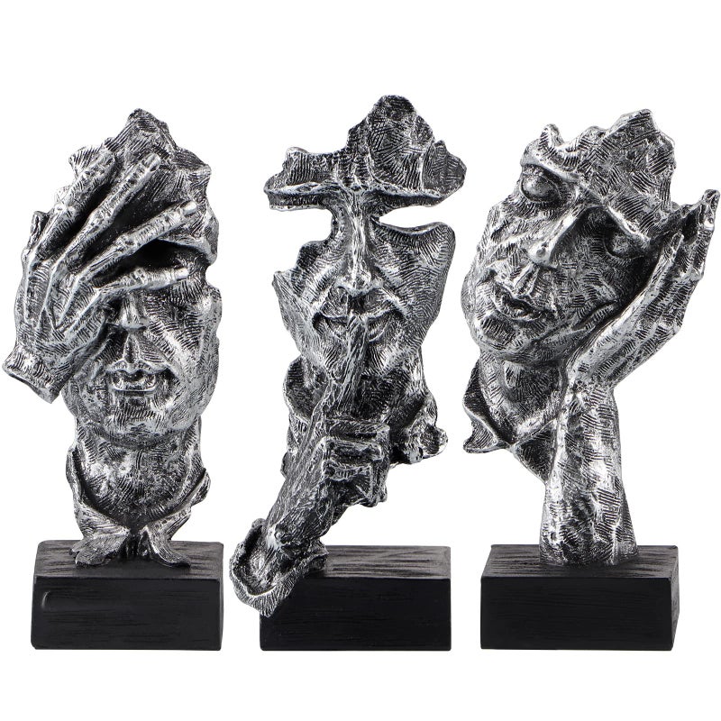 MOLIGOU 3Pcs Thinker Statue No Hear No See No Speak Abstract Art Figurine Sculpture Decor for Office Desktop Bookshelf Silver