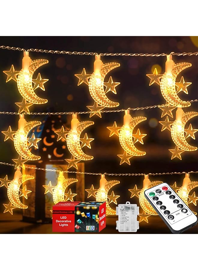 The Bros Ramadan Decorations Star & Moon String Lights with Remote, 80LED 10M Ramadan Lights Battery Box Powered 8 Modes Ramadan Decorations for Home, Curtain, Outdoor and Party (Warm White)  - Image 1