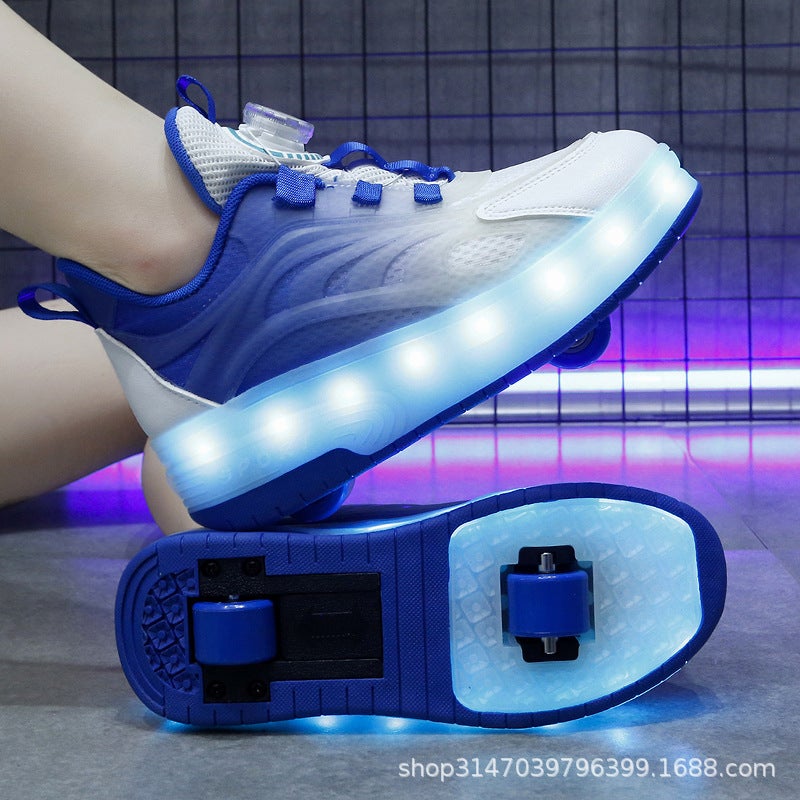 Generic Boys 2024 genuine goods New Childrens Pulley sneaker Roller Skate Double Wheel Girls Fashionable Explosive Walking Shoes 9090 blue automatic double wheels