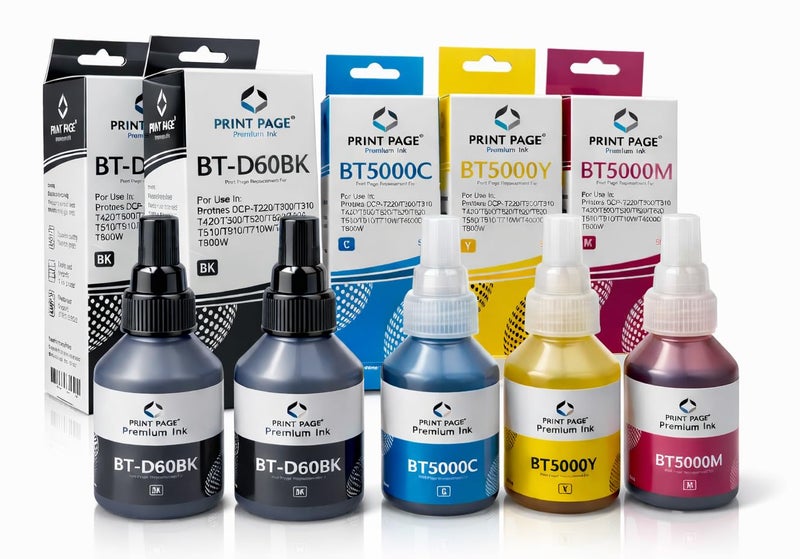 Print Page BT-D60BK & BT5000 (C/Y/M) Premium Refill Ink Compatible for Printers T220, T420, T520, T820, T920, T510, T910, T710, T4000W, T4500W (C/Y/M + 2 Black)(Black - 105ml, C/Y/M - 50ml Each) - Image 1