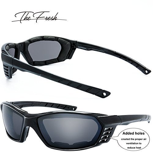 The Fresh 3 Pairs Motorcycle Riding Glasses Padded Frame Lens Block 100% UVB for Outdoor Activity Sport (9-Shiny Black, Grey, Green Mirror, & Blue Mirror) - Image 4