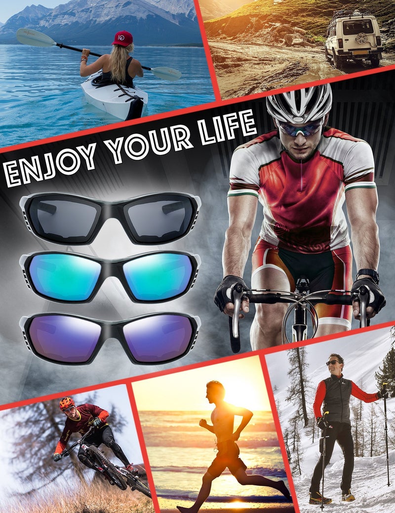 The Fresh 3 Pairs Motorcycle Riding Glasses Padded Frame Lens Block 100% UVB for Outdoor Activity Sport (9-Shiny Black, Grey, Green Mirror, & Blue Mirror) - Image 3