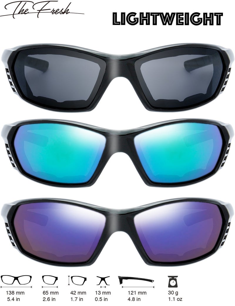 The Fresh 3 Pairs Motorcycle Riding Glasses Padded Frame Lens Block 100% UVB for Outdoor Activity Sport (9-Shiny Black, Grey, Green Mirror, & Blue Mirror) - Image 2