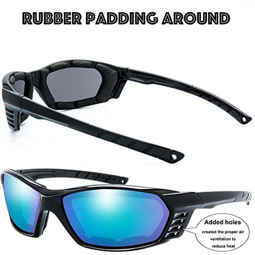 The Fresh 3 Pairs Motorcycle Riding Glasses Padded Frame Lens Block 100% UVB for Outdoor Activity Sport (9-Shiny Black, Grey, Green Mirror, & Blue Mirror) - Image 5