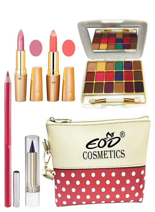Eod True Color Stylish Perfect Beauty Combo (2 Creamy Matte Lipstick,18 Colors Eyeshadow,1 Lip Pencil,1 Kajal with multi-purpose MakeUp Pouch) A33 Set of 6 - Image 1