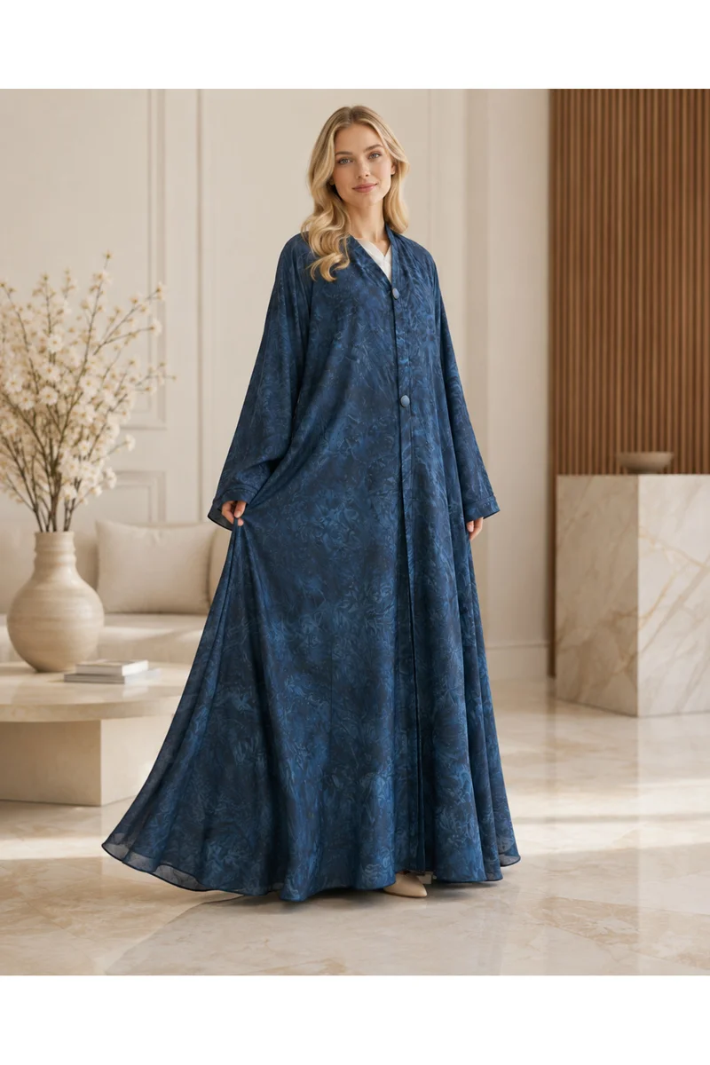Kavalee Women's Midnight Blue Floral Jacquard Button Abaya - Maxi Modest Wear