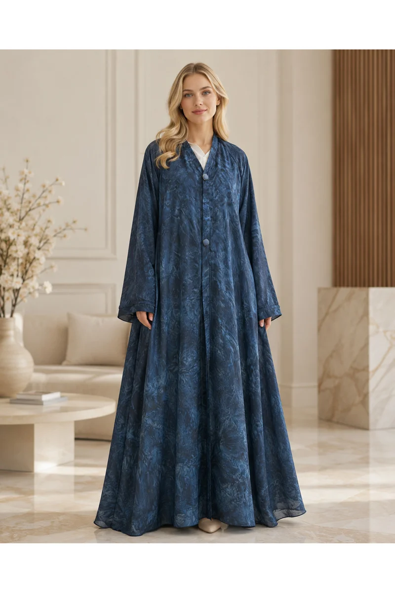 Kavalee Women's Midnight Blue Floral Jacquard Button Abaya - Maxi Modest Wear