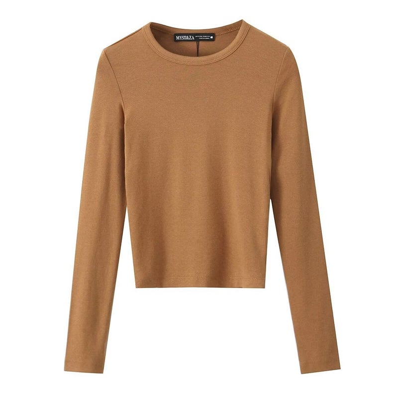 Women'S Clothing 2025 Spring New Joker Solid Color Pullover Long Sleeve Slim Casual Base T-Shirt - Image 1