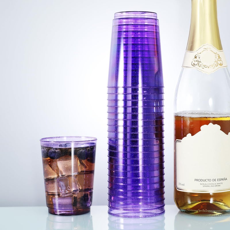 Homy Feel 10 Oz Purple Glitter Plastic Cups - 50PCS Disposable Cocktail & Wine Cups for Wedding Party - Image 2