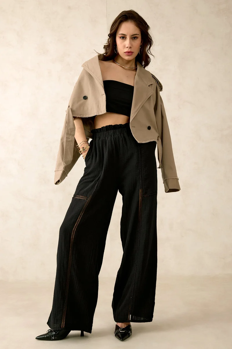 فيرجيو Solid Cotton Regular Paperbag Waist Pants for Women
