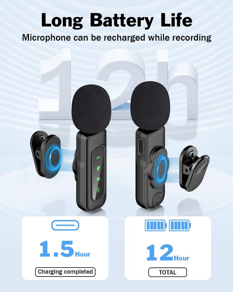 VEZQUA Wireless Mic for YouTube Video Recording, Lavalier Microphone for iPhone/Android with Magnetic Collar Clip, USB C Lapel Lav Mic with Noise Reduction for Vlog TikTok, 12H, 65ft (2 Channels) - Image 3
