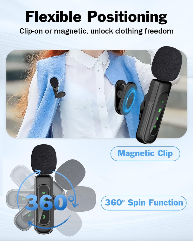 VEZQUA Wireless Mic for YouTube Video Recording, Lavalier Microphone for iPhone/Android with Magnetic Collar Clip, USB C Lapel Lav Mic with Noise Reduction for Vlog TikTok, 12H, 65ft (2 Channels) - Image 2