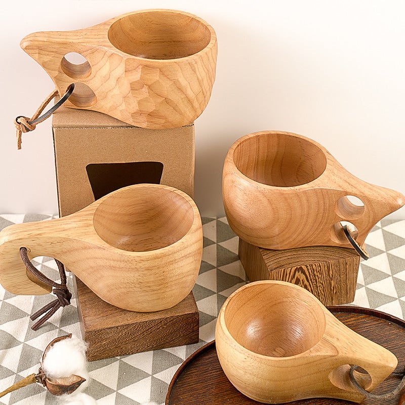 Rubber wood wooden cup creative Nordic lanyard Milk Cup handle coffee cup wooden handy water Cup whole logo(15*9*6.5 double hole Cup-530, 101-200ml) - Image 3