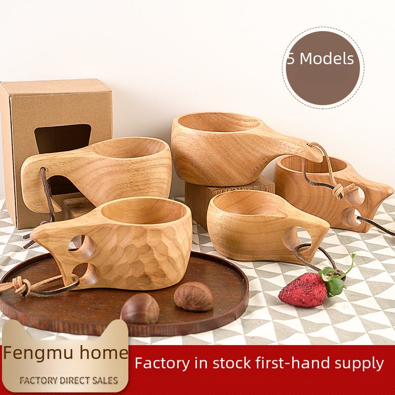 Rubber wood wooden cup creative Nordic lanyard Milk Cup handle coffee cup wooden handy water Cup whole logo(15*9*6.5 double hole Cup-530, 101-200ml) - Image 2
