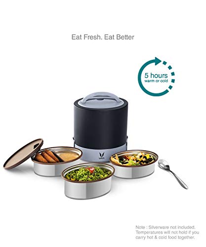 VAYA TYFFYN Stainless Steel Lunch Box Without Bagmat, Thermal Insulated Tiffin Box for School & Office Use, 1000 ml, 3 Containers, Black - Image 4