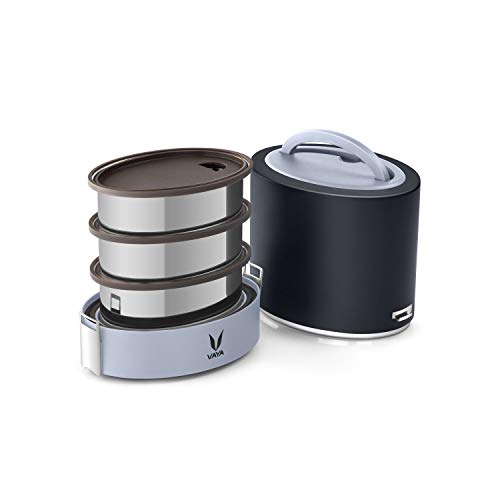 VAYA TYFFYN Stainless Steel Lunch Box Without Bagmat, Thermal Insulated Tiffin Box for School & Office Use, 1000 ml, 3 Containers, Black - Image 1