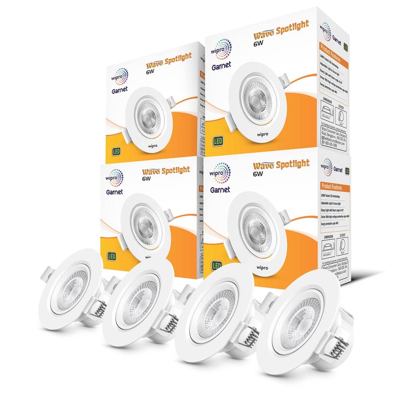 wipro Garnet 6W Round Led Wave SpotlightCob Spotlight for CeilingCool White Light 6500KAdjustable DesignRecessed Tiltable Downlighter for False CeilingCutout75 MmPack of 4 - Image 1