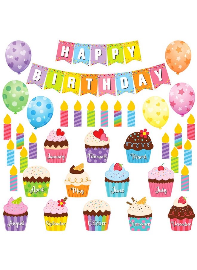 Leinuosen - 45 Pieces Happy Birthday Bulletin Board Set Birthday Bulletin Board Decorations Classroom Birthday Chart Birthday Calendar Balloon Candle Cupcake Cutouts For Calendar Bulletin Board Classrooms - Image 1