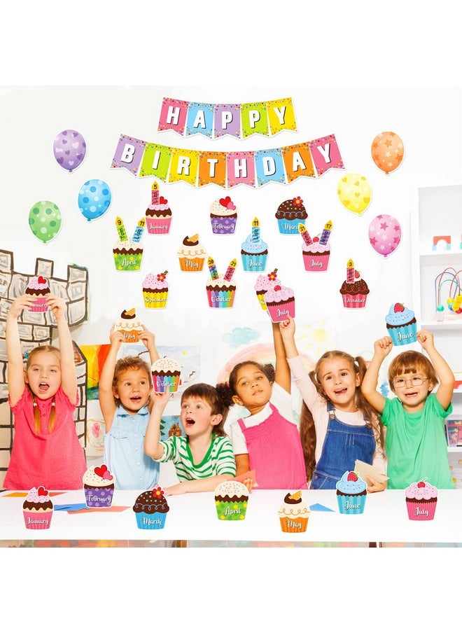Leinuosen - 45 Pieces Happy Birthday Bulletin Board Set Birthday Bulletin Board Decorations Classroom Birthday Chart Birthday Calendar Balloon Candle Cupcake Cutouts For Calendar Bulletin Board Classrooms - Image 1