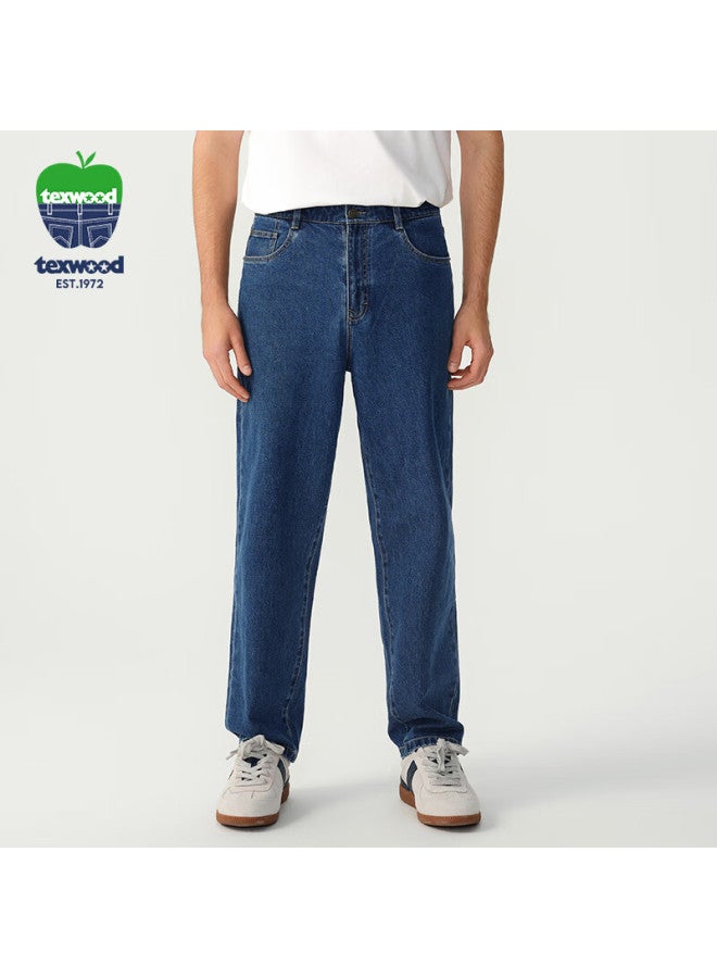 Texwood Pingguo Men's Jeans, Business Commute Casual Trousers, Stone-ground Washed, Loose-fitting Slightly Elastic Tapered Pants, Dark Blue, Size 31 - Image 1