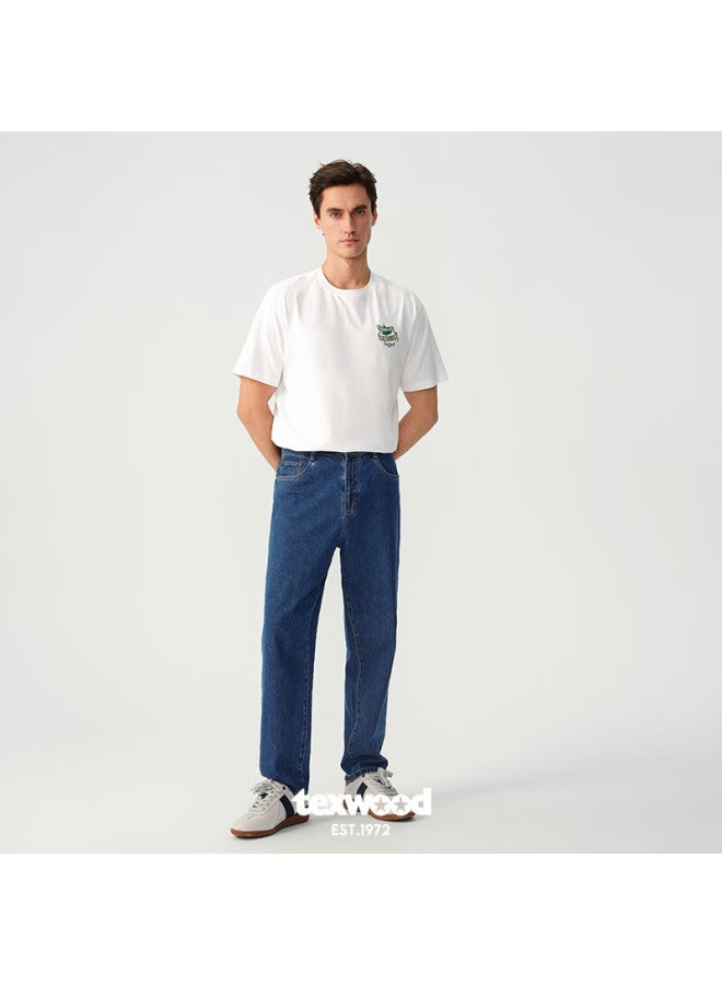 Texwood Pingguo Men's Jeans, Business Commute Casual Trousers, Stone-ground Washed, Loose-fitting Slightly Elastic Tapered Pants, Dark Blue, Size 31 - Image 5