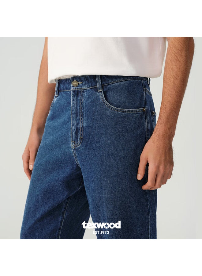 Texwood Pingguo Men's Jeans, Business Commute Casual Trousers, Stone-ground Washed, Loose-fitting Slightly Elastic Tapered Pants, Dark Blue, Size 31 - Image 2