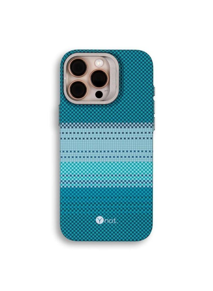 YNOT MagSafe carbon fiber protection case with camera stand for iPhone 15 Pro Max - Carbon speckled Tiffany - Image 1
