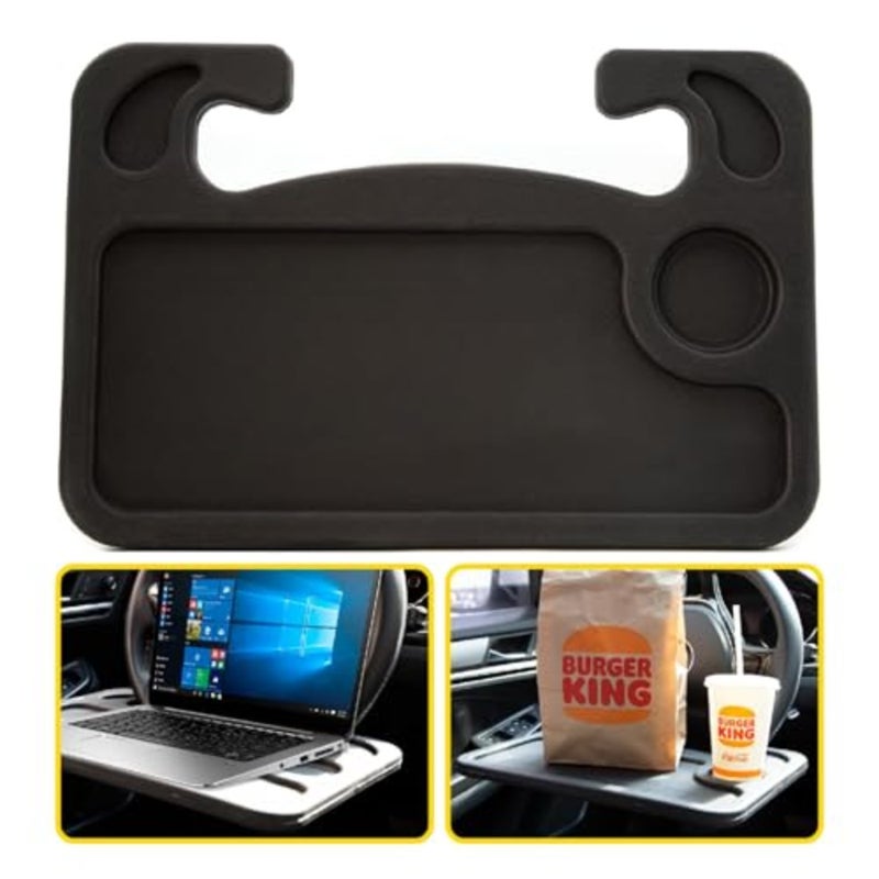 2-in-1 Car Steering Wheel Desk - Portable Auto Laptop Tray and Eating Table for Most Vehicles, Durable Multi-Functional Travel Workstation with Cup Holder for Commuters and Road Trips, Black - Image 1
