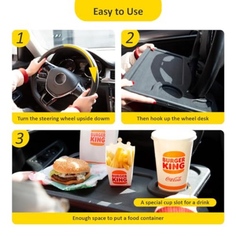 2-in-1 Car Steering Wheel Desk - Portable Auto Laptop Tray and Eating Table for Most Vehicles, Durable Multi-Functional Travel Workstation with Cup Holder for Commuters and Road Trips, Black - Image 5
