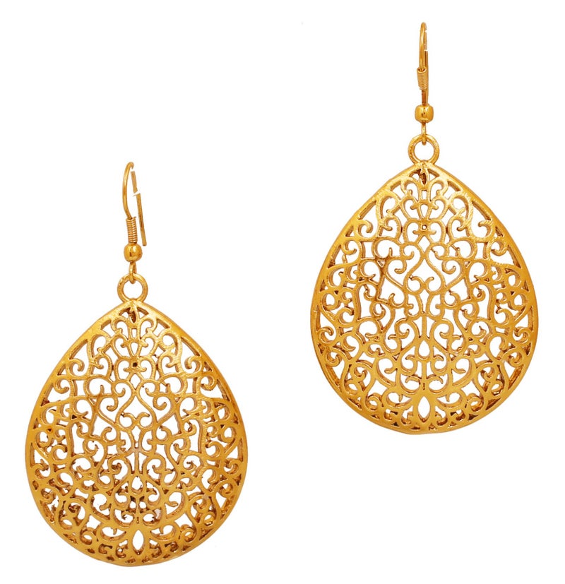 Touchstone Indian Bollywood Fine Filigree Jali Handcrafted "Tribal Bohemian Chic" Beautiful Cutout Elegantly Stylized Designer Jewelry Earrings in Antique Gold Or White tone for Women. - Image 1