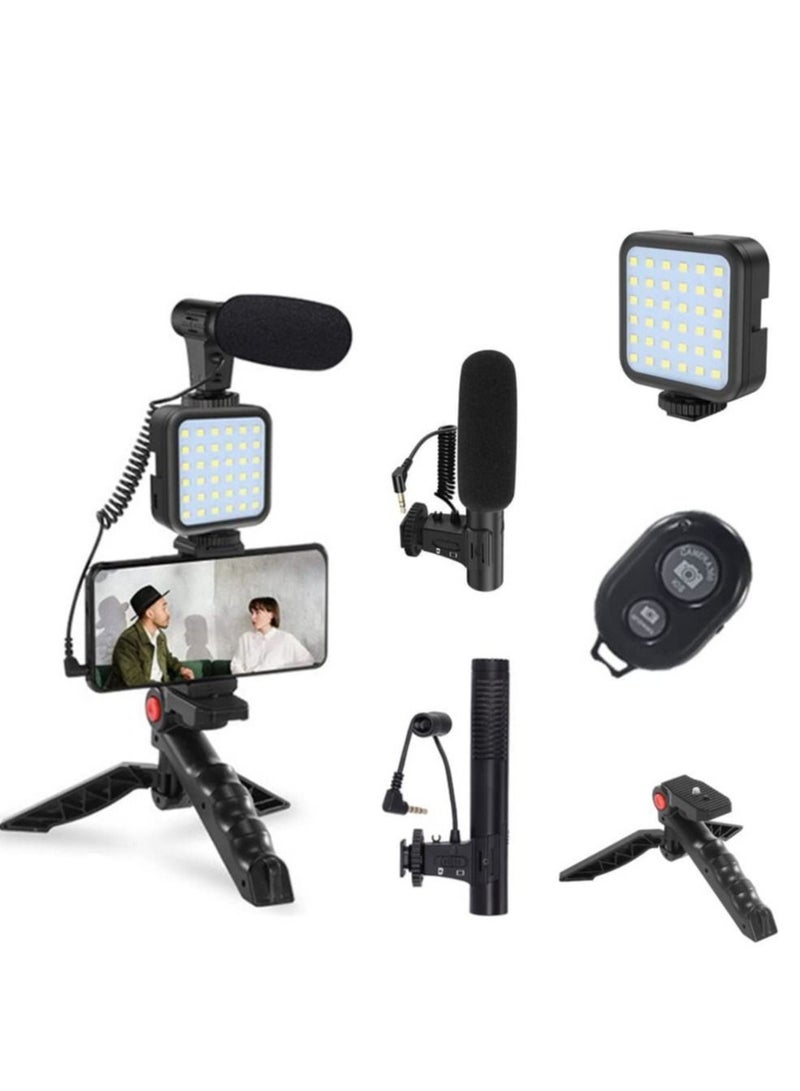 Tripod Holder, Video Kit Accessories, Table Tripod Phone Holder, Microphone LED Video Light Remote Shutter, for Phone Video Recording, for YouTube, for Vlog (black)  - Image 1